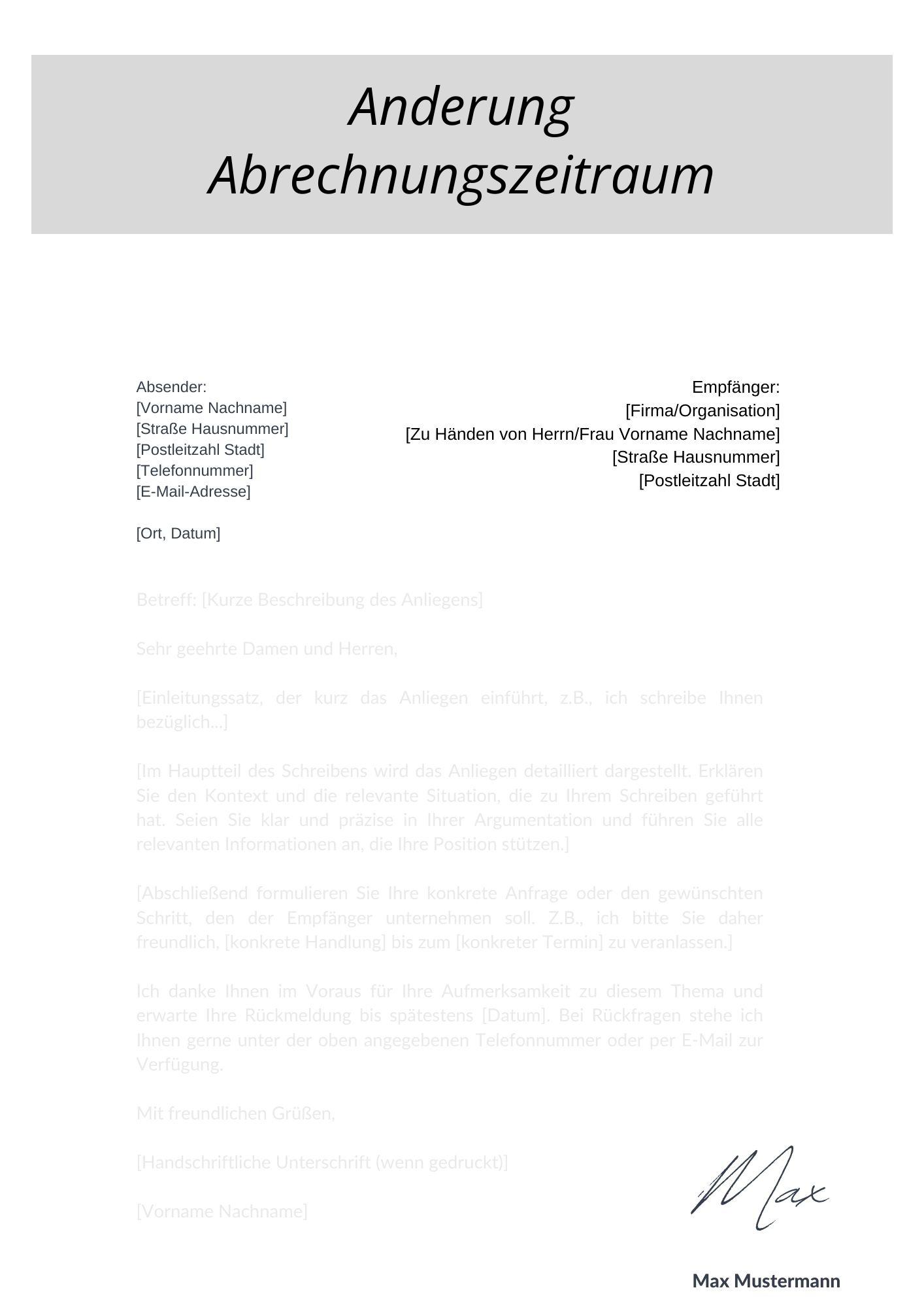 Musterschreiben Änderung Abrechnungszeitraum
