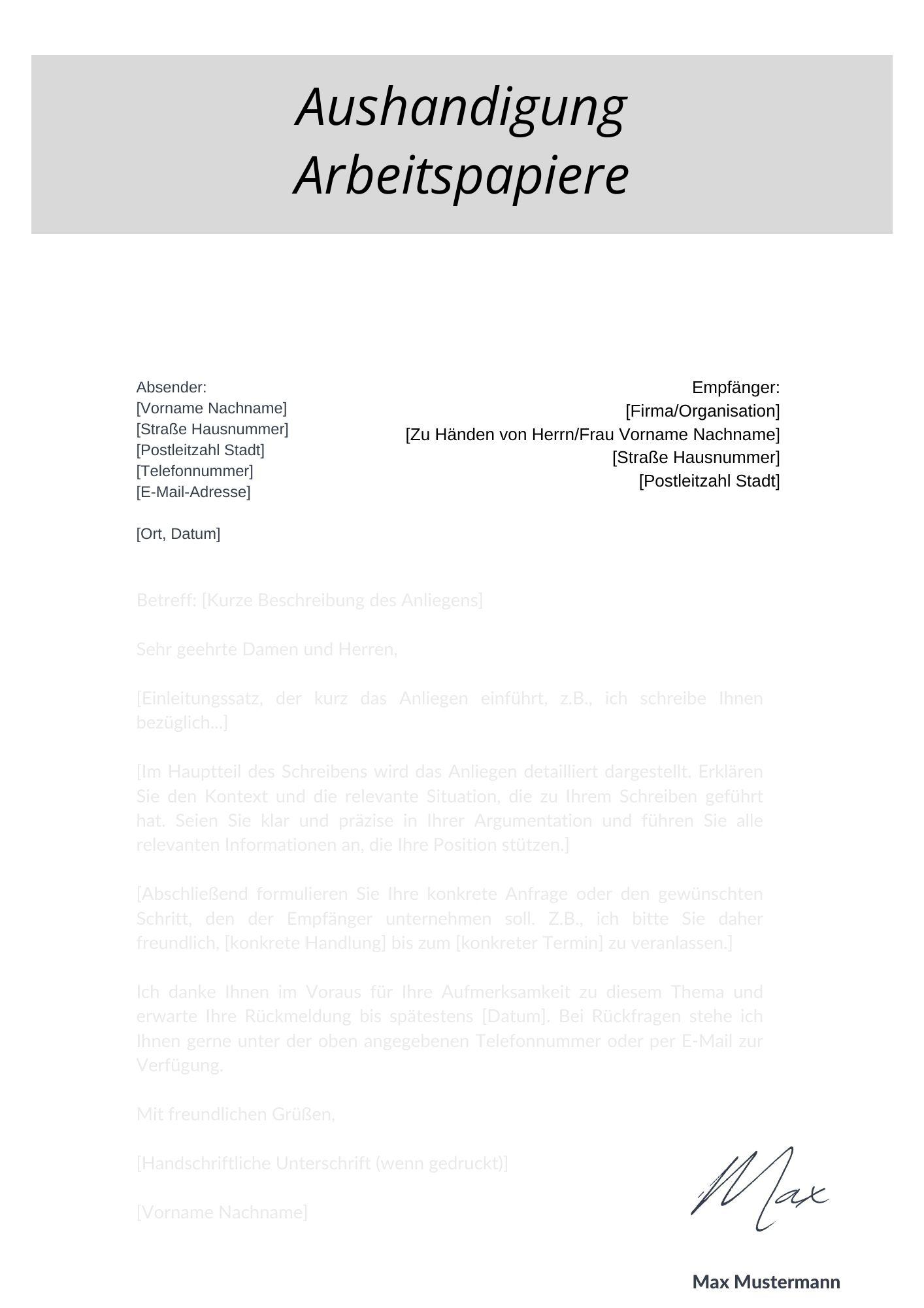 Musterschreiben Aushändigung Arbeitspapiere