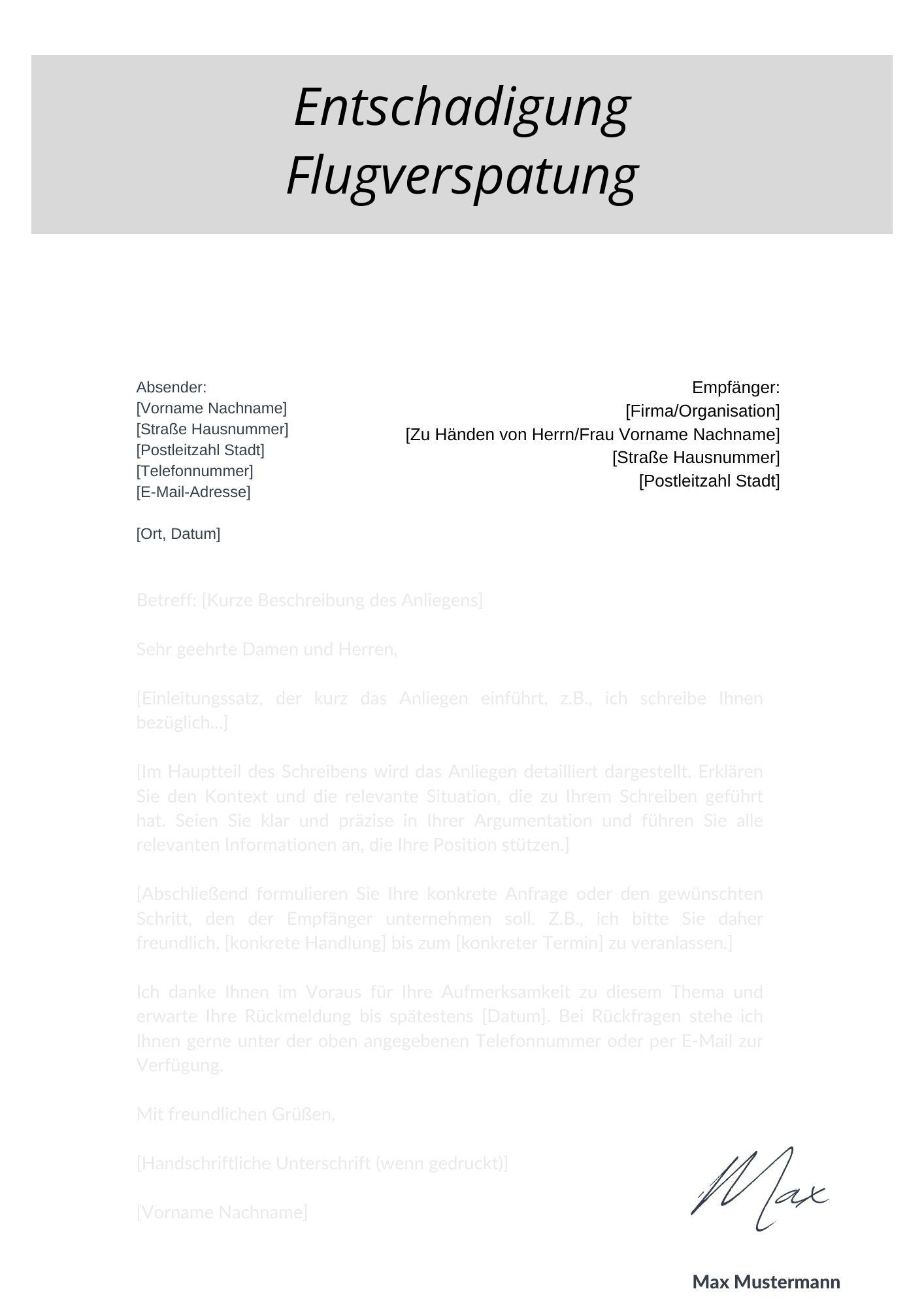 Musterschreiben Entschädigung Flugverspätung