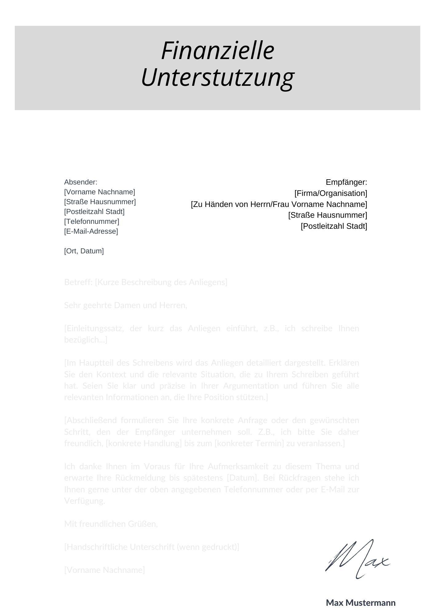 Musterschreiben Finanzielle Unterstützung