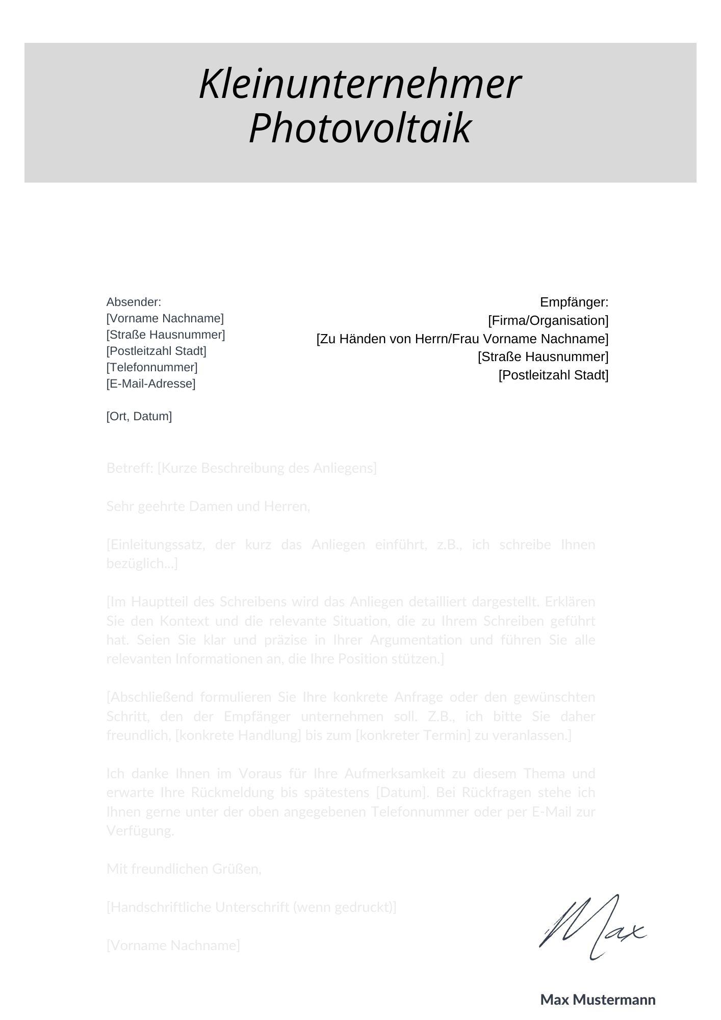 Kleinunternehmer Photovoltaik Musterschreiben