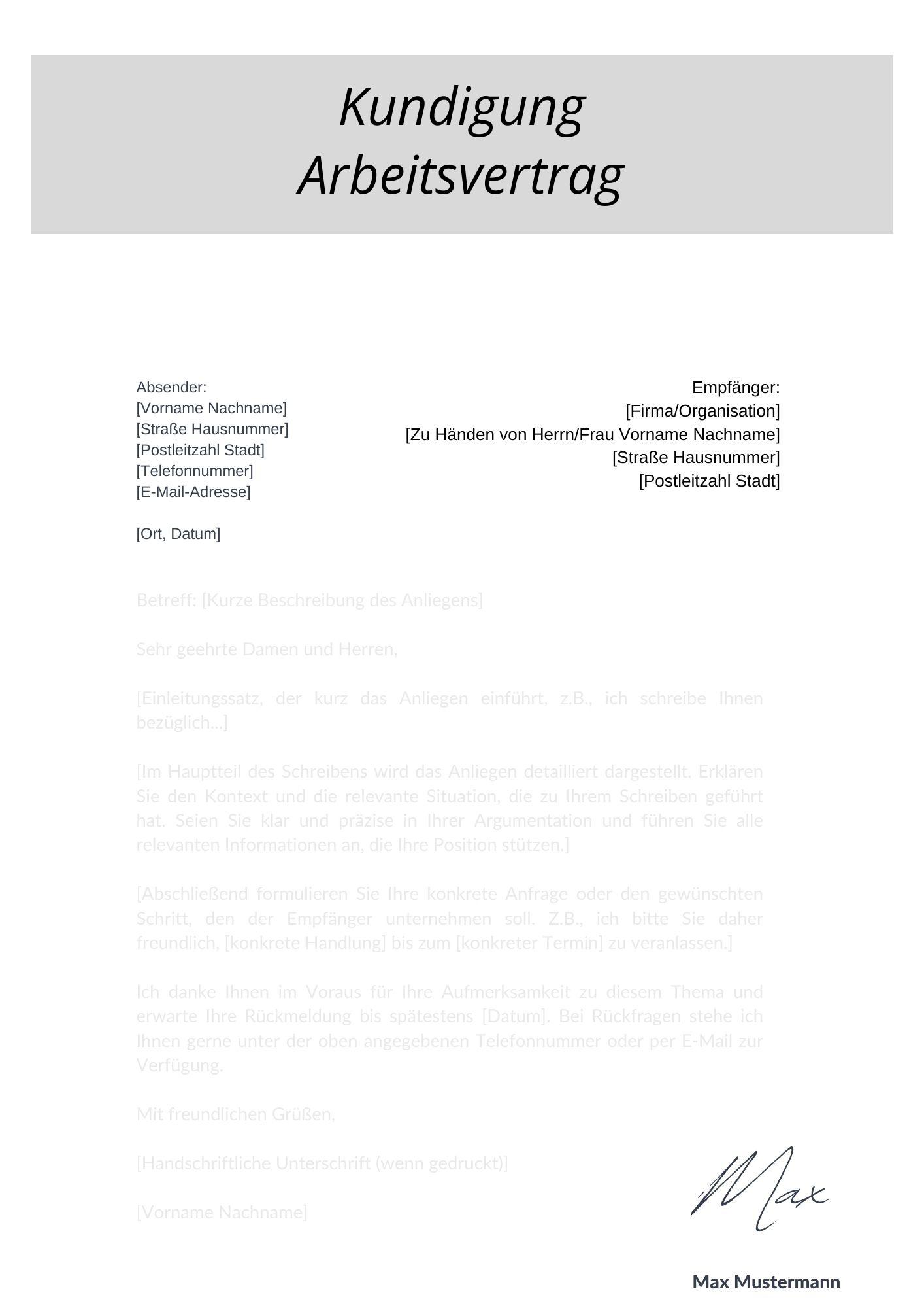 Musterschreiben Kündigung Arbeitsvertrag