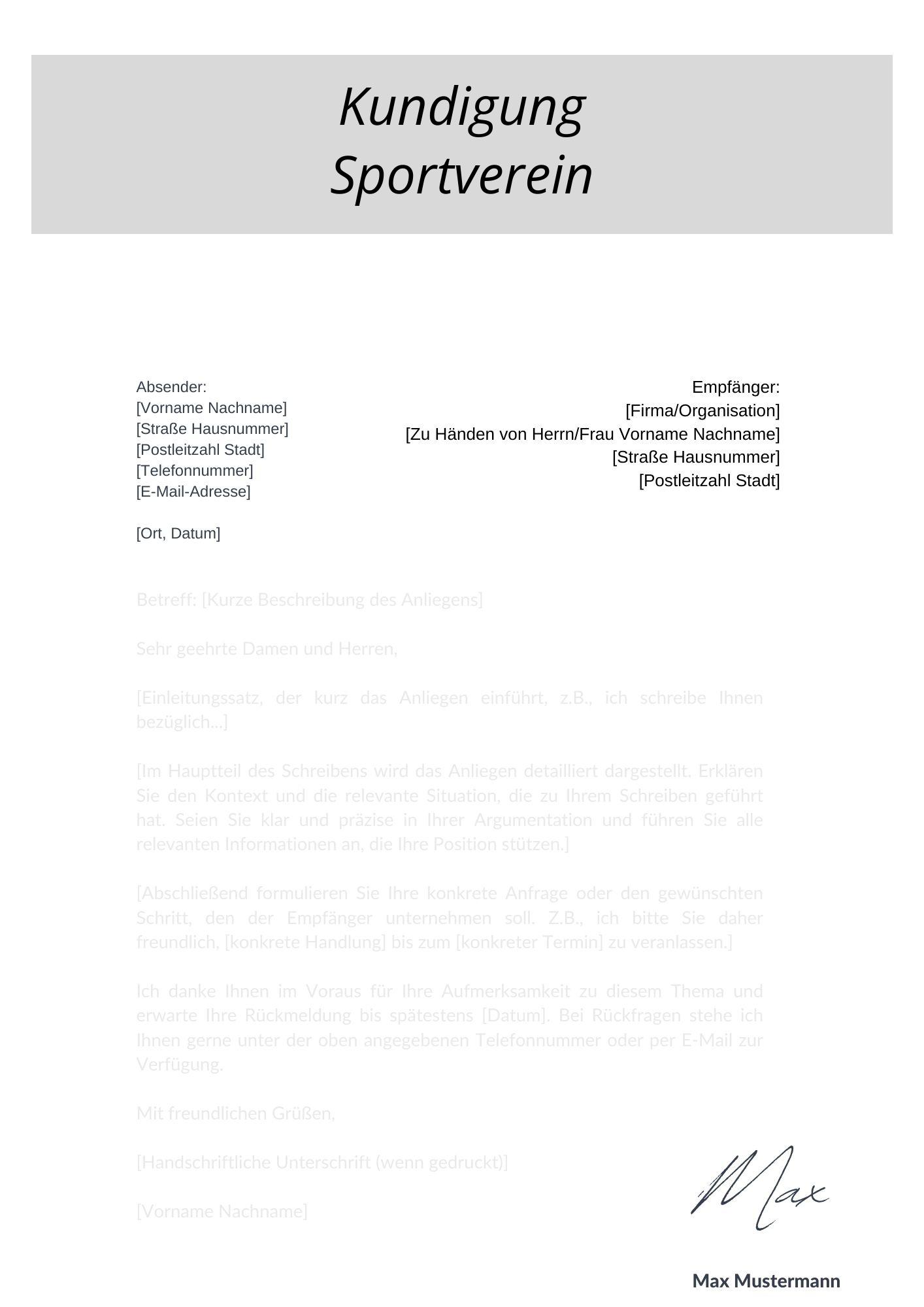 Musterschreiben Kündigung Sportverein