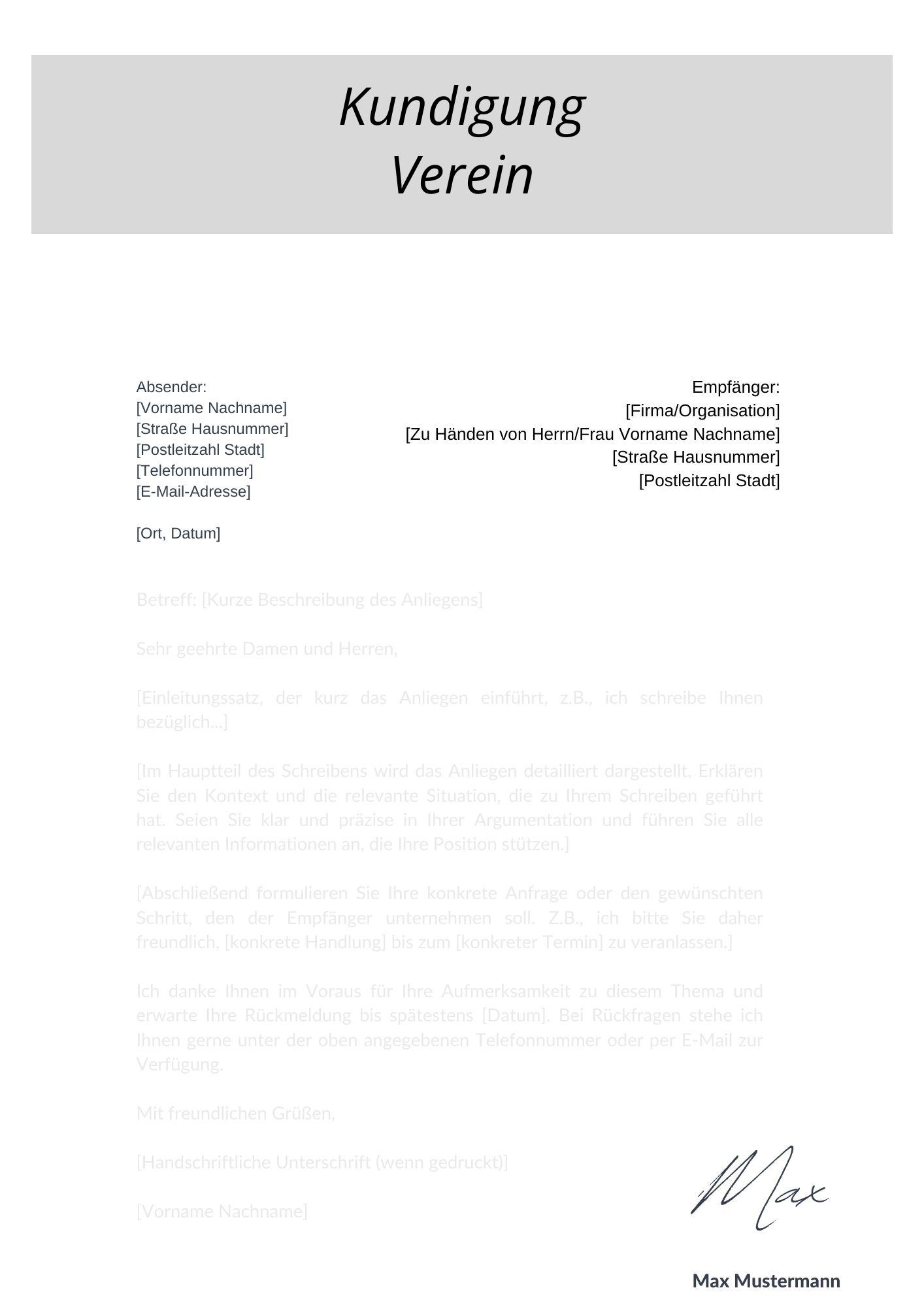 Musterschreiben Kündigung Verein