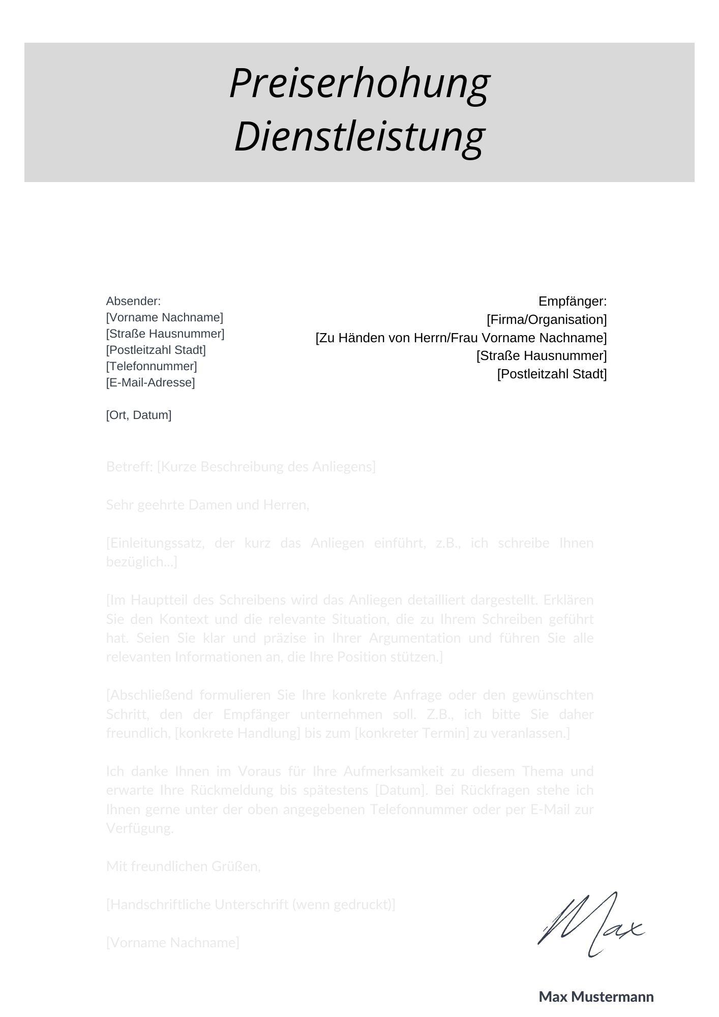 Preiserhöhung Musterschreiben Dienstleistung