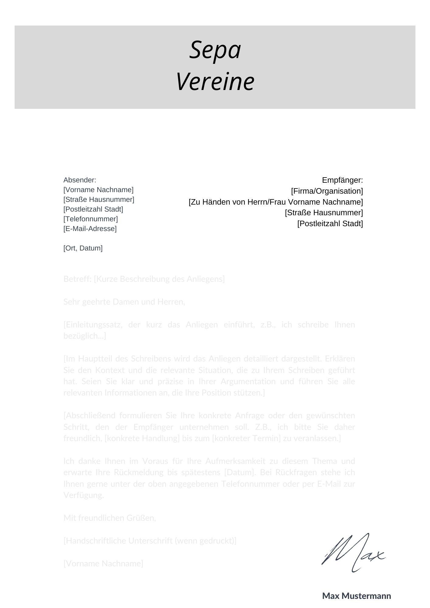 Sepa Vereine Musterschreiben
