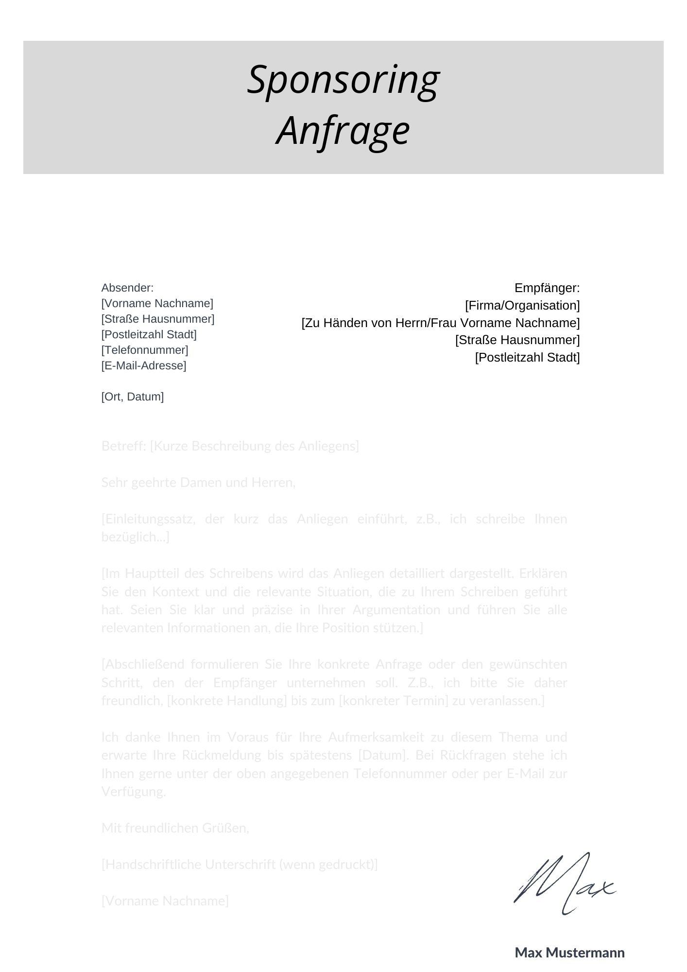 Anfrage Fr Sponsoring Muster