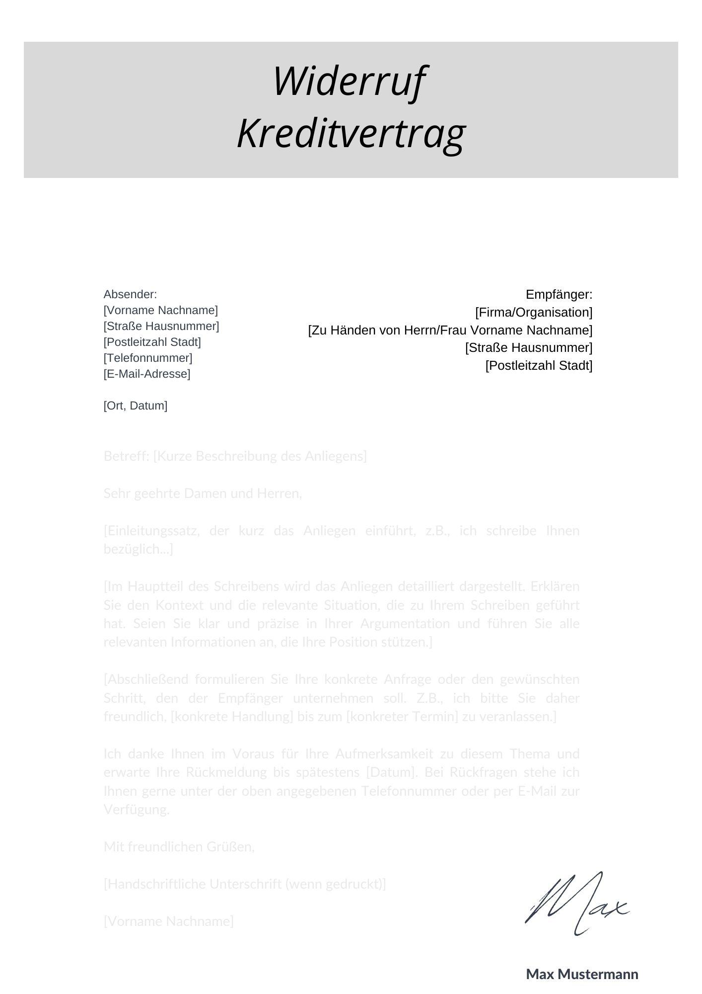 Musterschreiben Widerruf Kreditvertrag