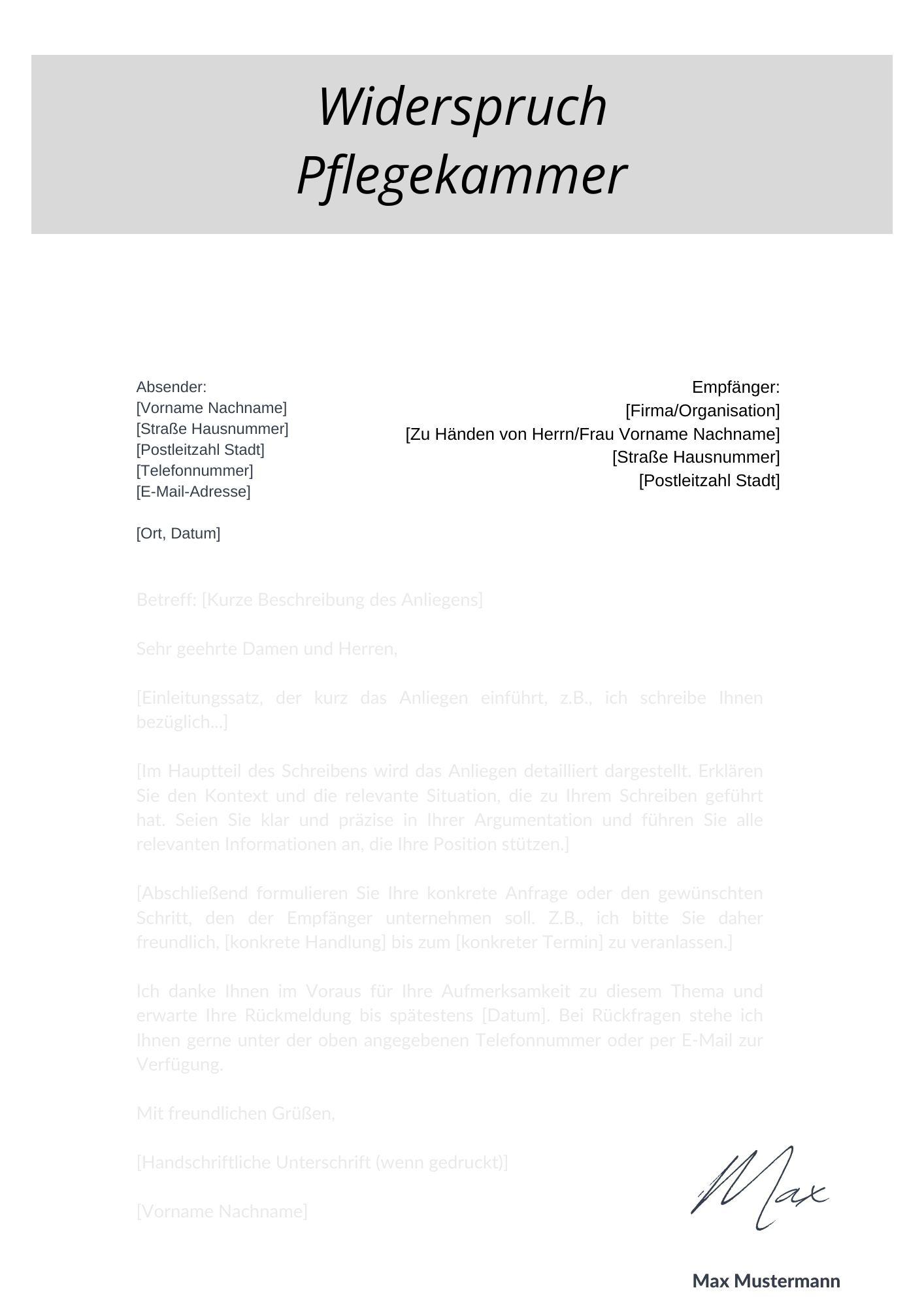 Musterschreiben Widerspruch Pflegekammer